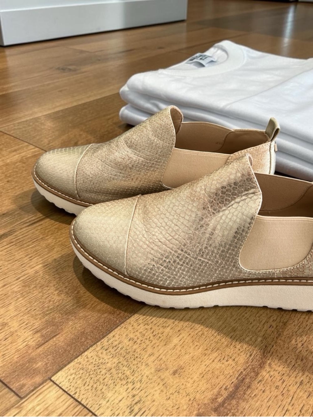 DKNY Metallic Gold Slip-On Loafers with Textured Finish